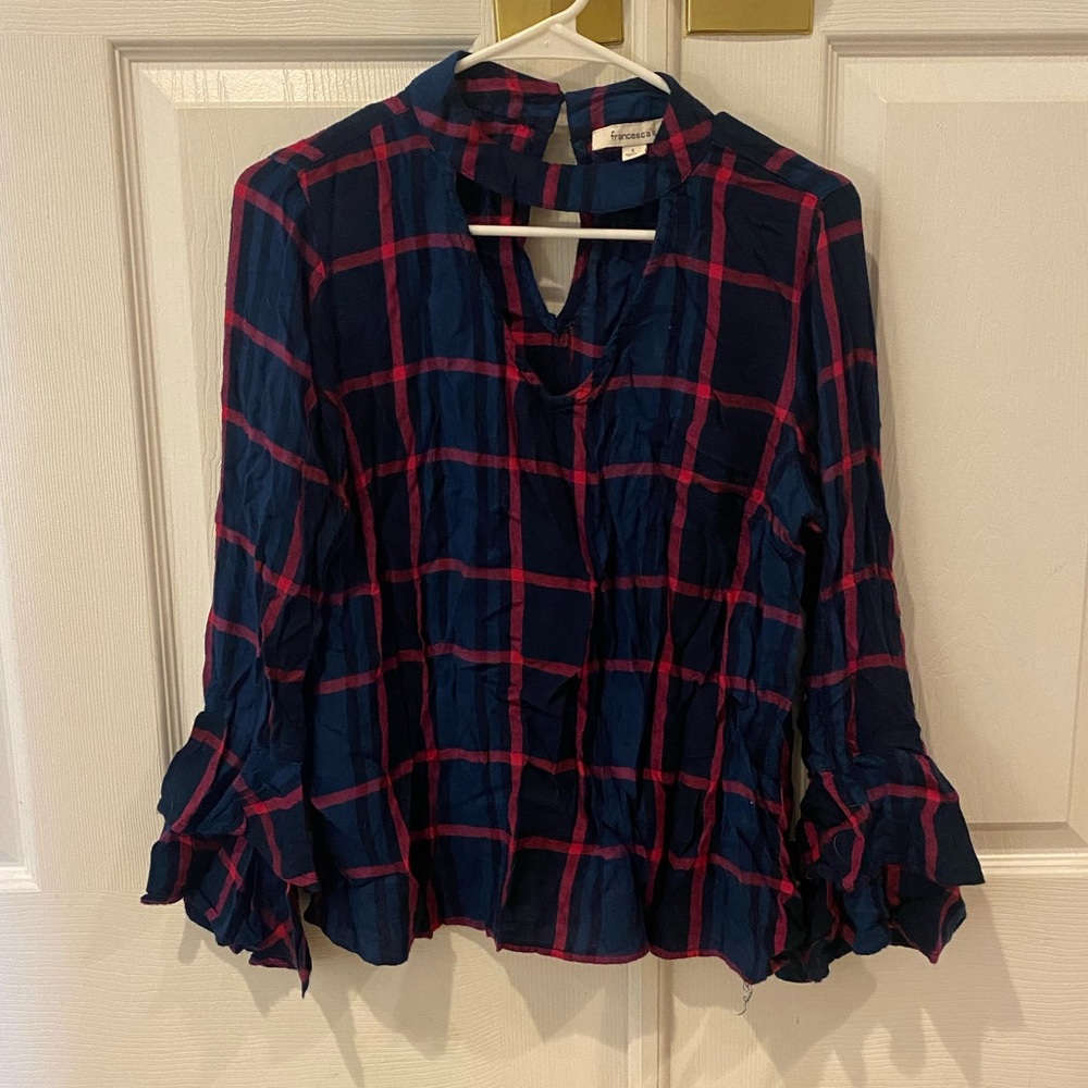 🤩Harper Francesca's Blue Plaid Bell Sleeve Top